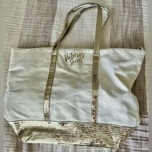 Victoria’s Secret Cream White Canvas Sequin Tote Used